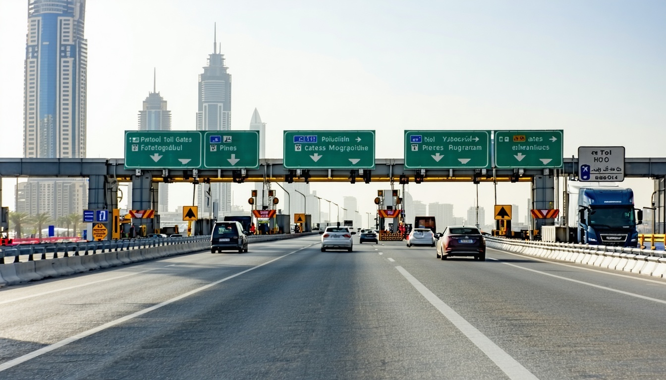 Modern Dubai highway with toll gates and passing vehicles