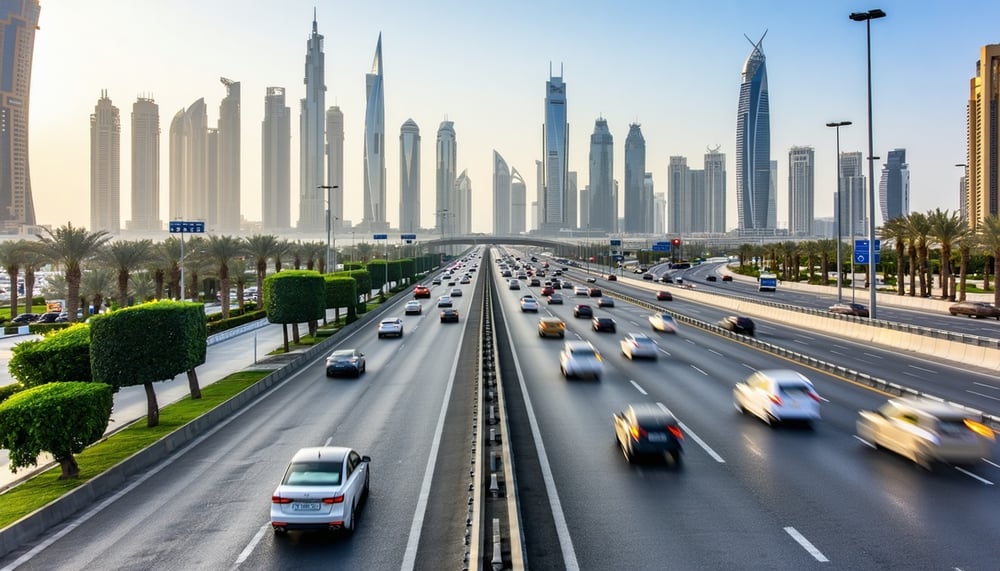 Dubai highway with fast-moving vehicles and city skyline